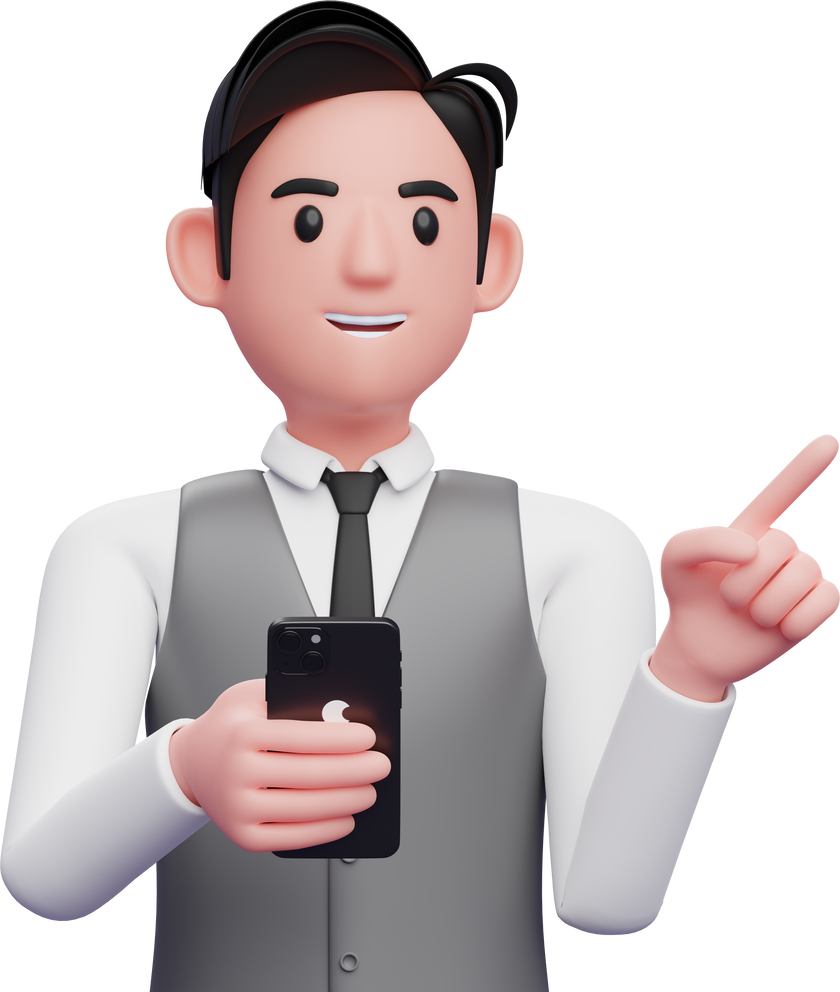 close up of businessman in gray office vest pointing to the side choosing gesture and holding a phone, 3d illustration of businessman using phone